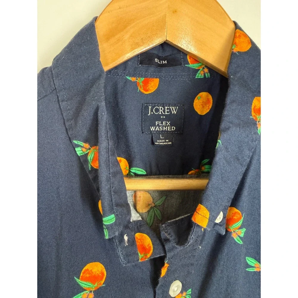 J.Crew Mens Slim Flex Washed Short Sleeve Orange Print‎ Button Down Shirt Navy L